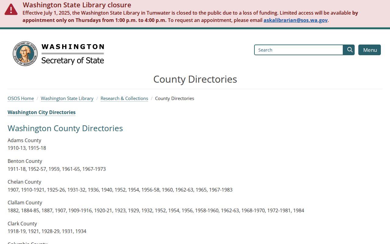Washington State Library page listing Chelan County historical volumes