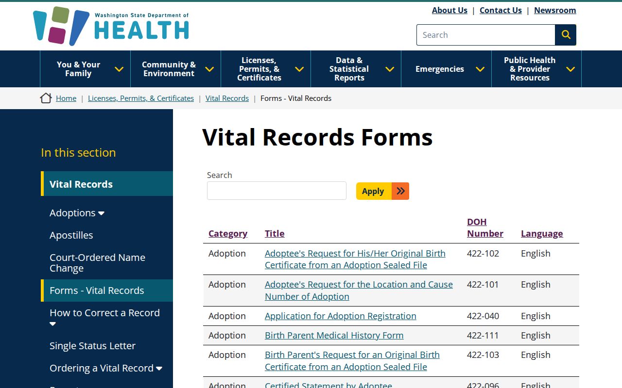 Washington Department of Health vital record forms for Wenatchee family research